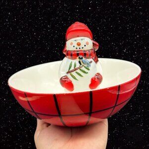 Pfaltzgraff Camp Jingles 2009 Snowman Dish Candy Dish W Snowman Inside 6”T‎ 7.5W